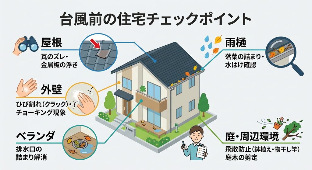台風前にチェックしたい屋根・雨樋・外壁・ベランダ屋上・周辺環境の5箇所を示したイラスト